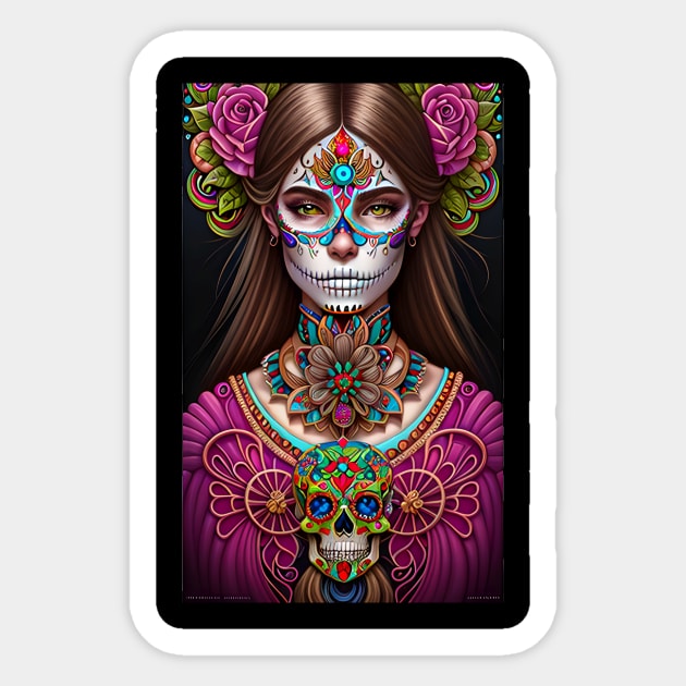 Colorful Sugar Skull Art - Striking Woman in Makeup Sticker by ImaginativeInkPOD